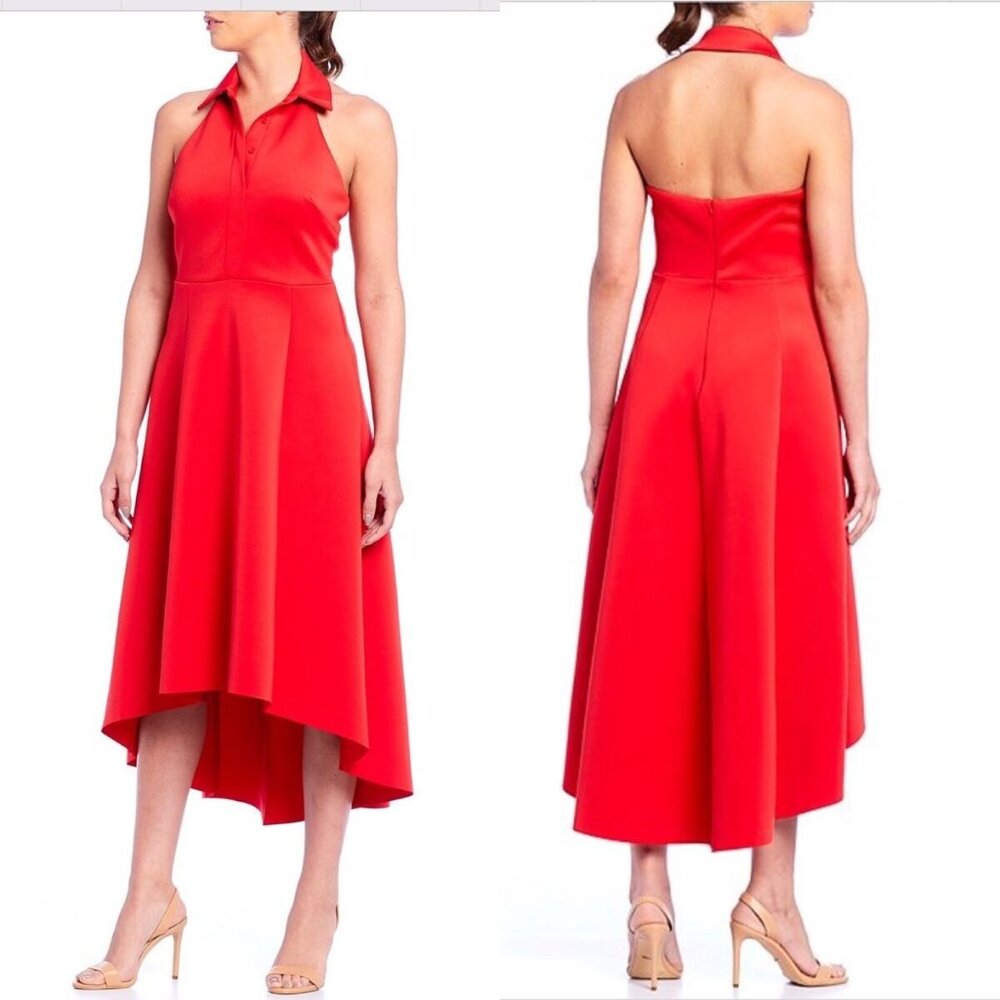 Belle Badgley Mischka Red Halter High Low Midi Dress Formal Cocktail Size 14 r1